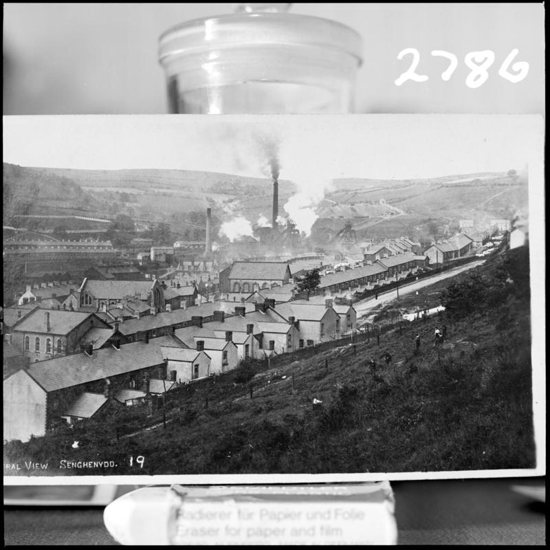 Black and white film negative of a photograph showing a surface view of Universal Colliery, Senghenydd.  'Universal' is transcribed from original negative bag.  Appears to be identical to 2009.3/2261.