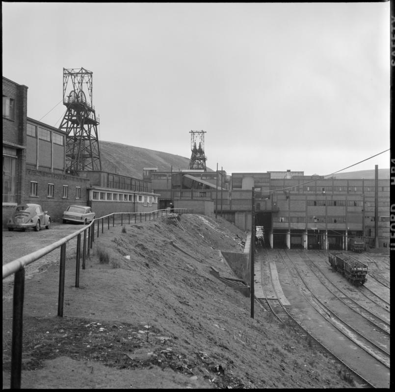 Black and white film negative showing Maerdy Colliery washery built over the railway sidings.  'Mardy' is transcribed from original negative bag.