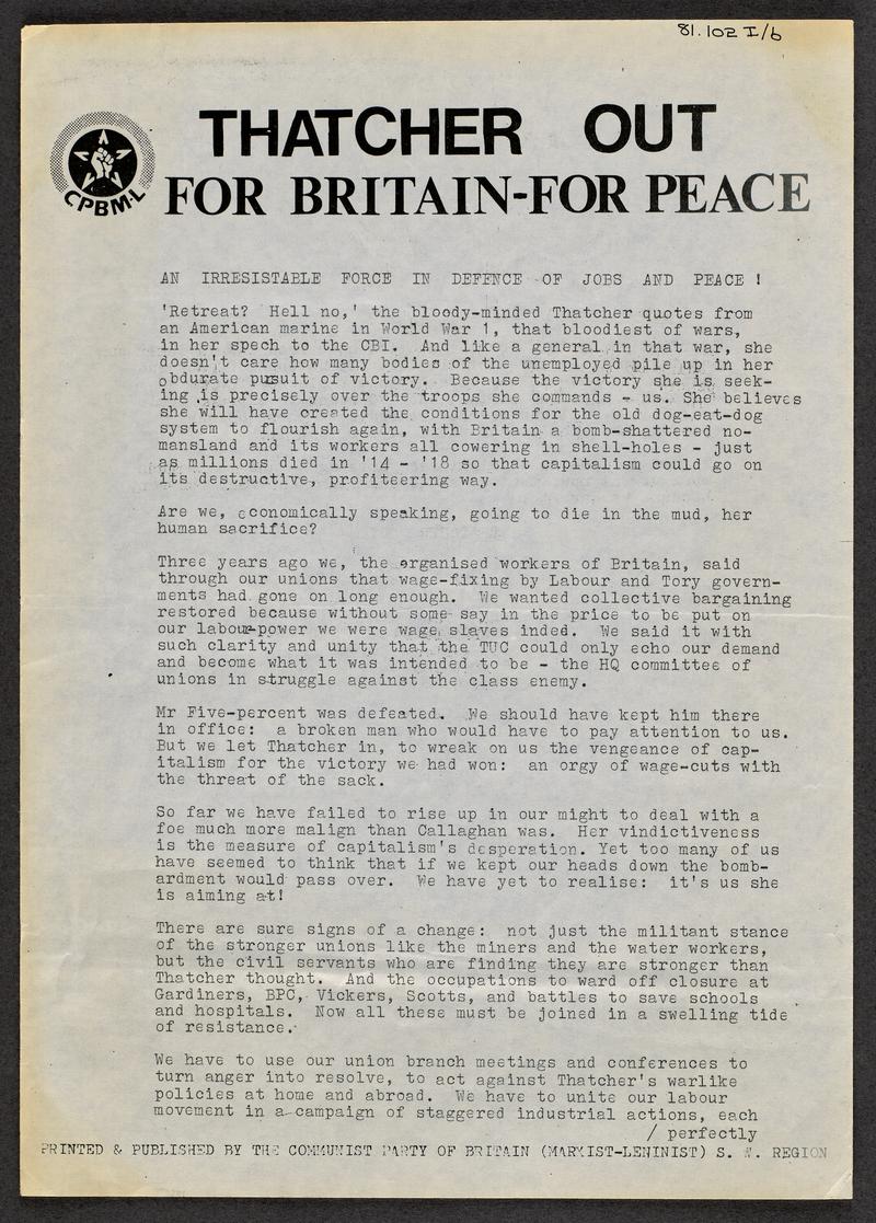 Front page - Leaflet - Thatcher Out, Britain for Peace' 1981