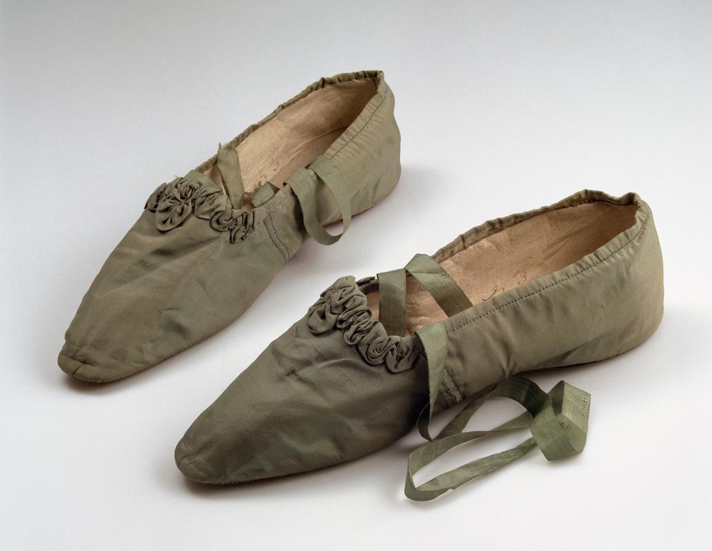19th century women's green satin shoes