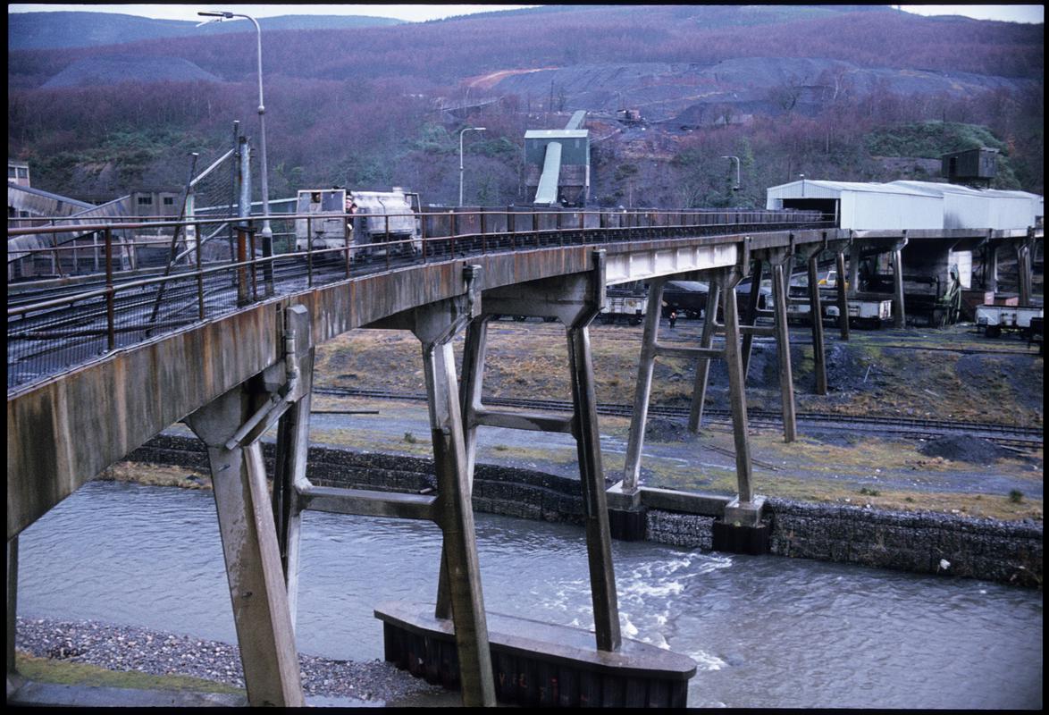 Colour film slide showing a concrete viaduct linking Blaengwrach Colliery with the washery.  A black and white negative of this image is accessioned as 2009.3/224.