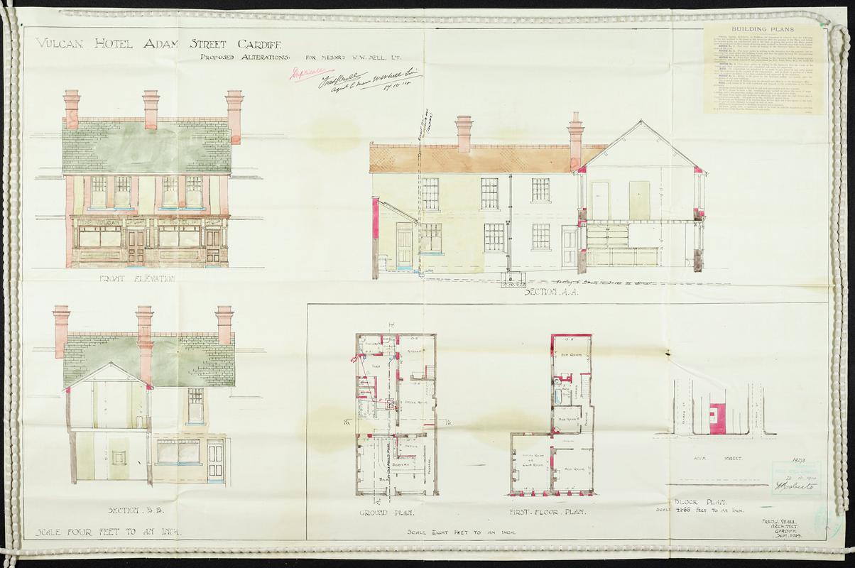 Digital scan of second page of architectural plans from 1914 of the Vulcan Hotel, Cardiff. Labelled 'Vulcan Hotel Adam Street Cardiff. Proposed alterations for Messrs W.W.Nell Ltd'. Architect - Fred J. Veall. Submitted as part of Planning Application. Approved October 1914.