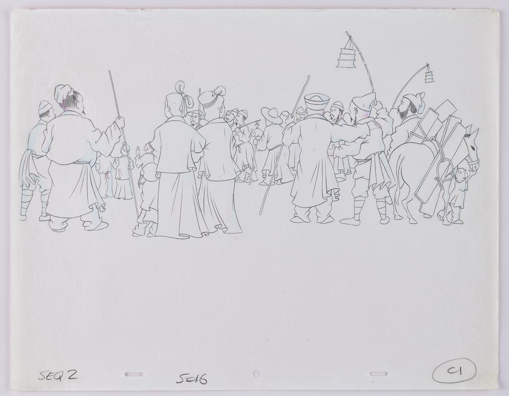 Production sketch showing characters from animation Turandot. Appears to be the initial sketch for production artwork 2019.5/163.