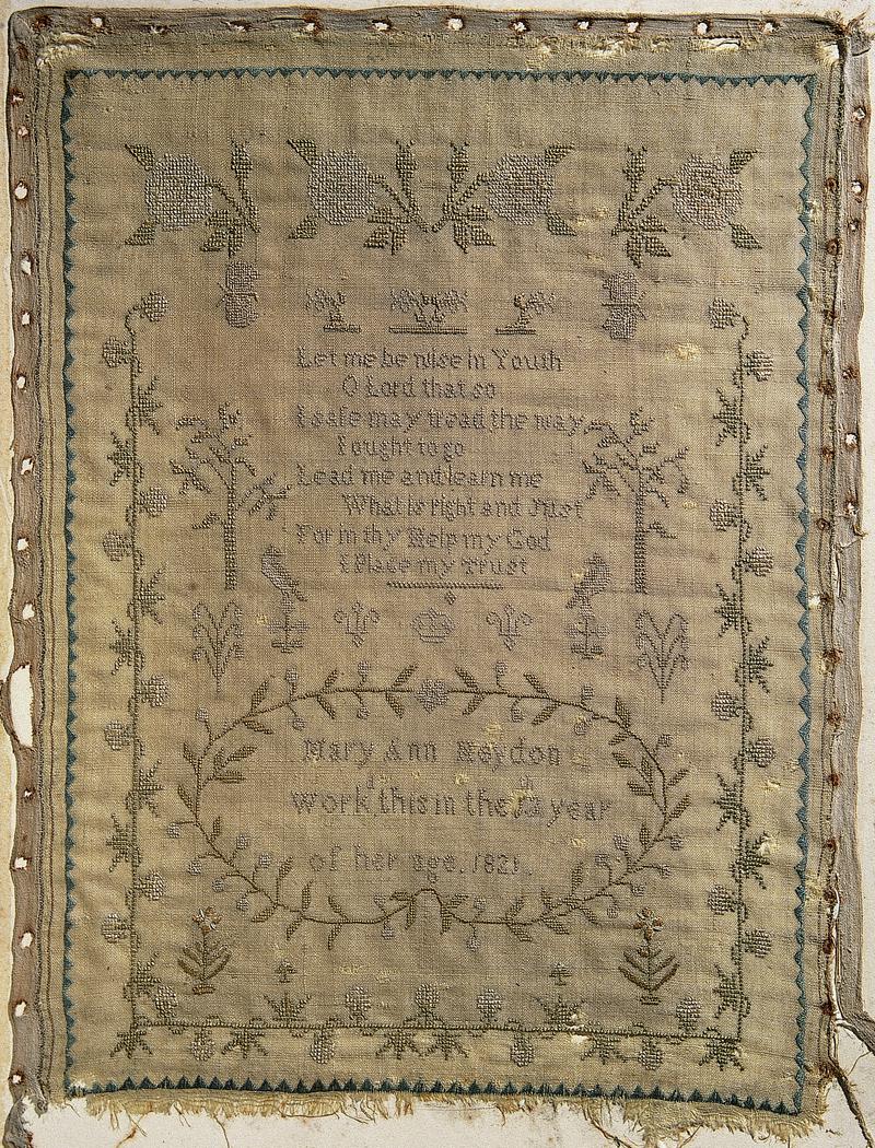 Sampler (verse & motifs), made in England, 1821