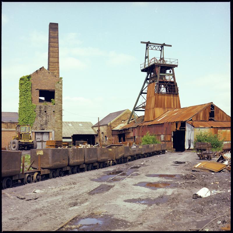 Colour film negative showing the derelict pumping engine house which contained a beam pump, Morlais Colliery. 'Morlais' is transcribed from original negative bag.  Appears to be identical to 2009.3/2190.