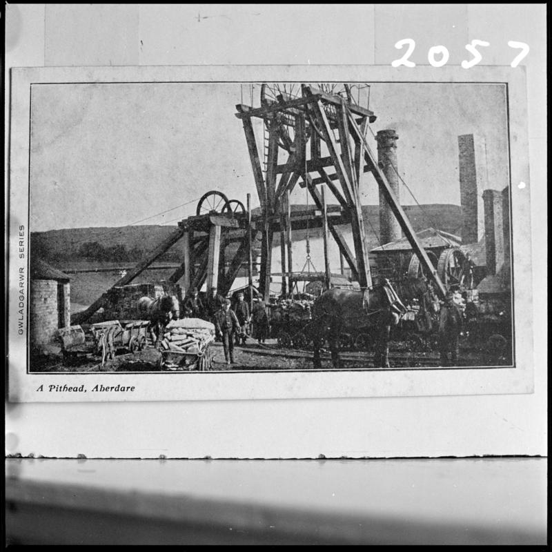 Black and white film negative of a photograph showing a general surface view of an unknown colliery, Aberdare.  Image is photographed from a publication.  'Aberdare' is transcribed from original negative bag.