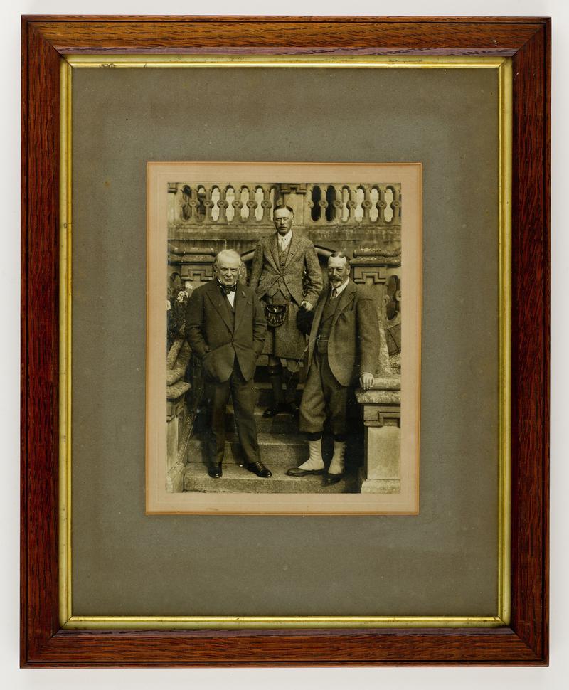 Framed photograph of David Lloyd George, King George V and the Mackintosh of Mackintosh at Moy Hall, near Inverness, January 1925.