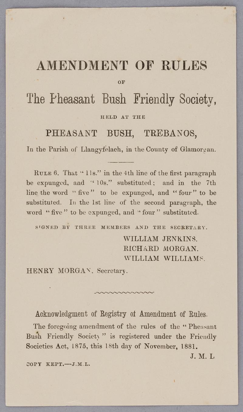 Notice of 'Amendment of Rules of Pheasant Bush Friendly Society', Pontardawe, 18 November 1881.