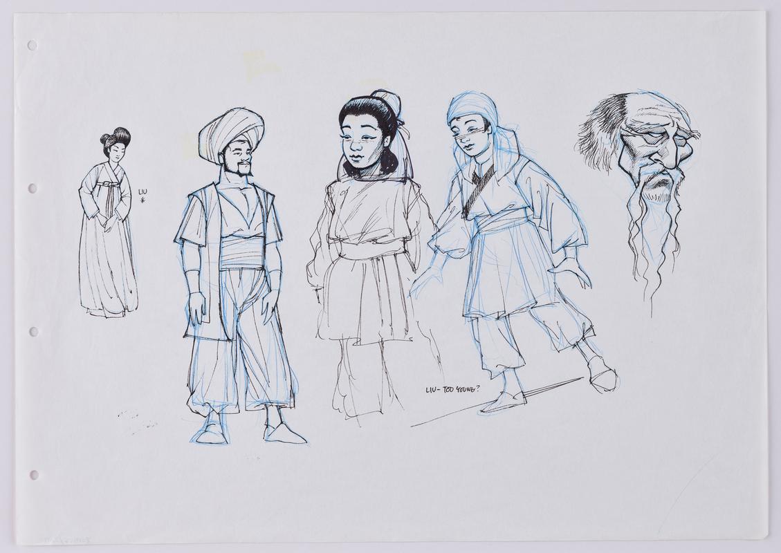 Turandot animation production sketch of characters Liu, Calaf and Timur.