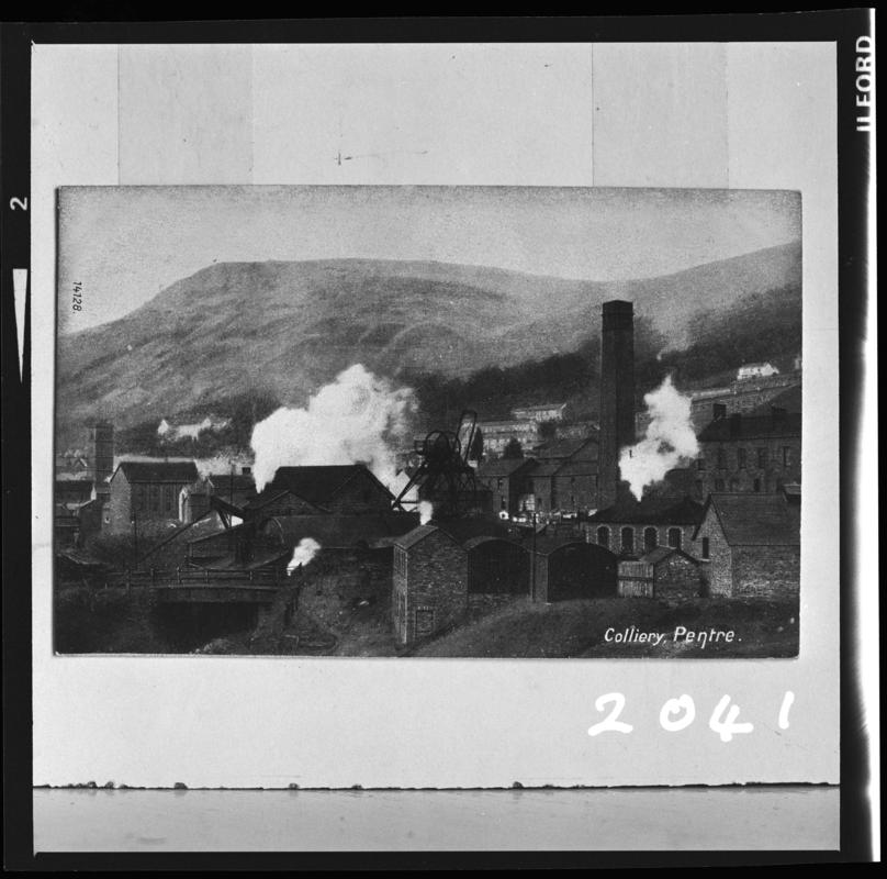Black and white film negative of a photograph showing a surface view of Pentre Colliery.