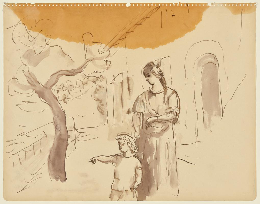 Woman and Child Outside a House