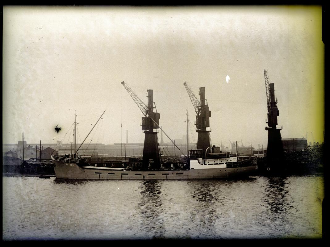 Port broadside view of M.V. BOTHNIA at Cardiff Docks, unknown date.