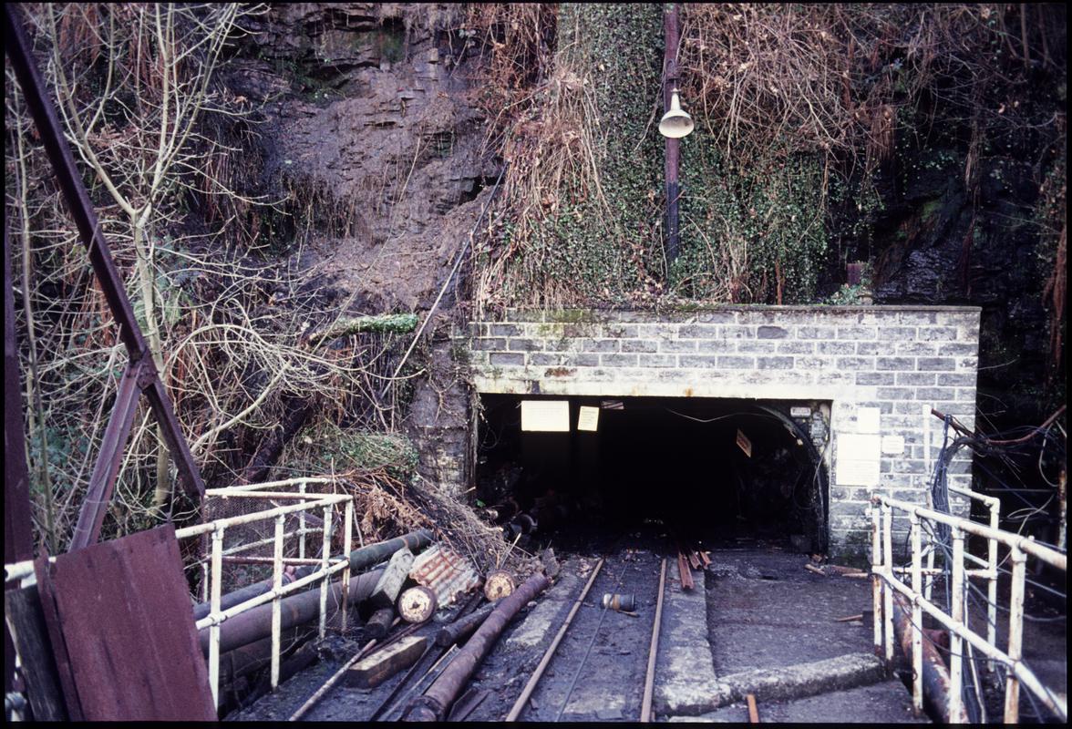 Colour film slide showing the entrance to the mine, Clydach Merthyr Colliery, 19 February 1977.
