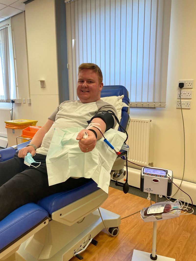 Shane Andrews MBE donating blood on the first day of the new rules, 14 June 2021.