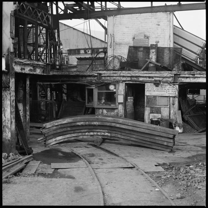 Black and white film negative showing a view of towards pit top,  Deep Duffryn Colliery 15 April 1983.  'Deep Duffryn 15/4/80' is transcribed from original negative bag.
