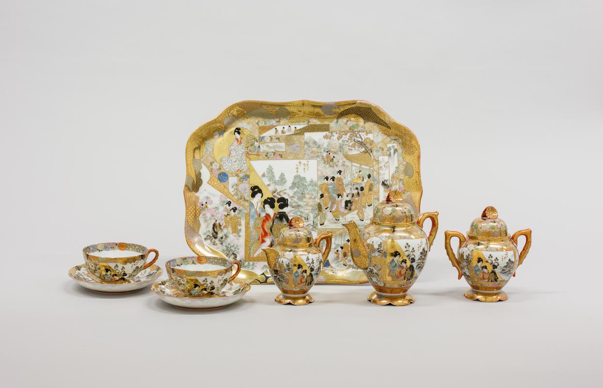 porcelain tray, porcelain teapot, porcelain jug & cover, porcelain suger bowl & cover, 2 x porcelain cup & saucer - Group shot