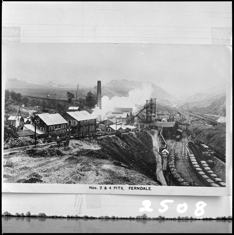 Black and white film negative of a photograph showing no. 2 and 4 pits, Ferndale Colliery.  'Ferndale 2-4' is transcribed from original negative bag.