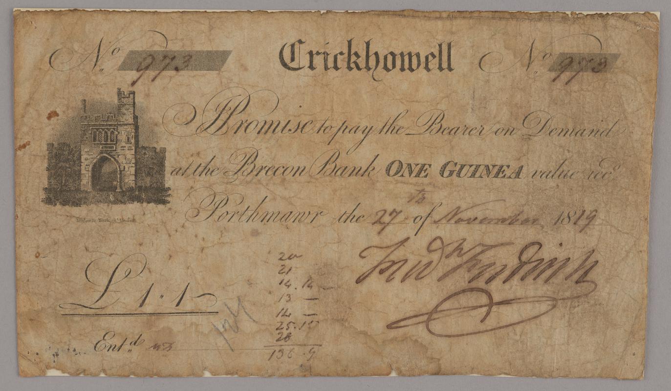 Brecon Bank, Crickhowell, one guinea bank note, 1819