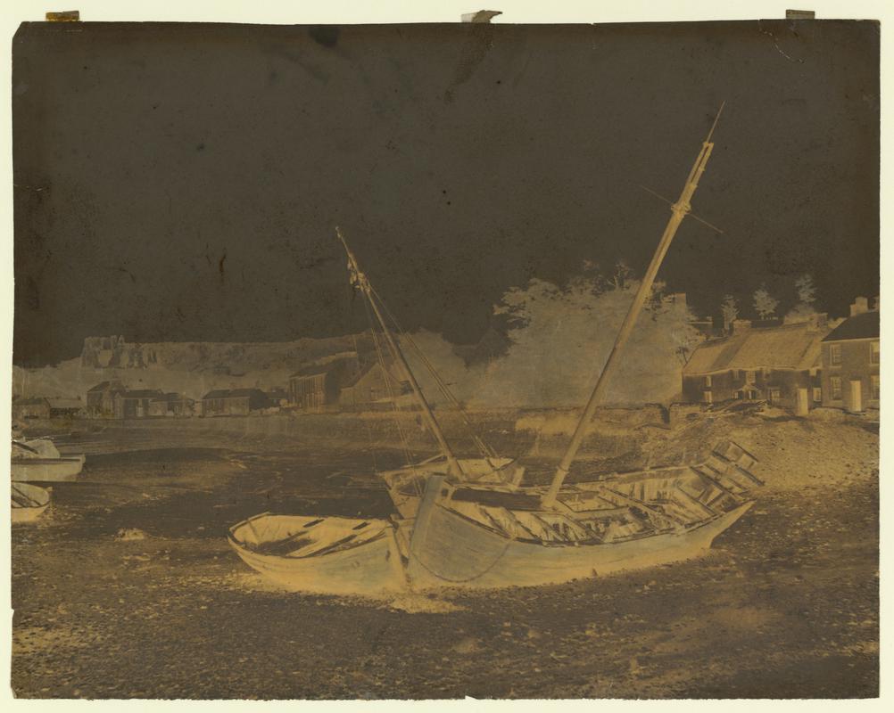 Wax paper calotype negative. Oystermouth (Two old boats ashore) (1855-1860)