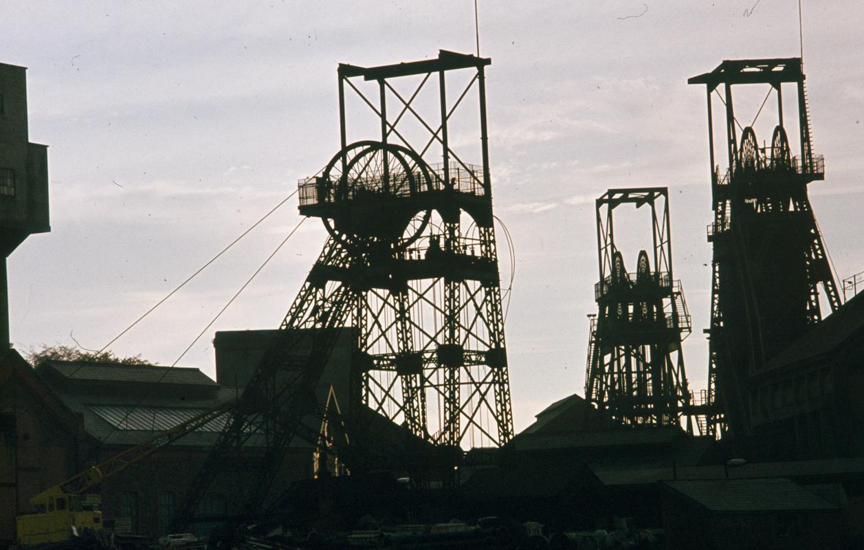 Colour film slide showing the three pit heads in 1974.  The headframe in the foreground is the Waterloo pit.