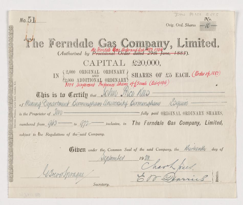 The Ferndale Gas Company Limited, £5 original ordinary shares, 1923,