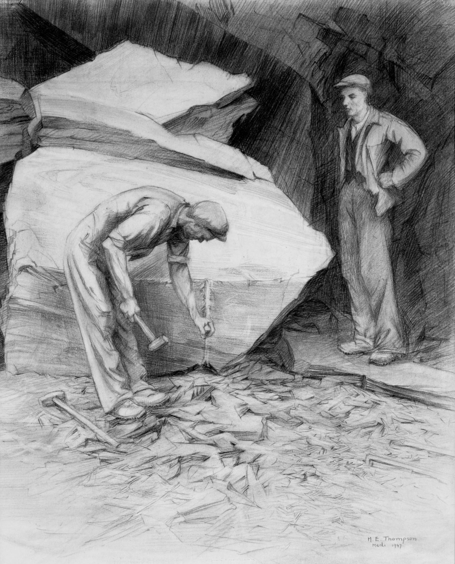 Workman Preparing Large Slab of Slate (drawing)