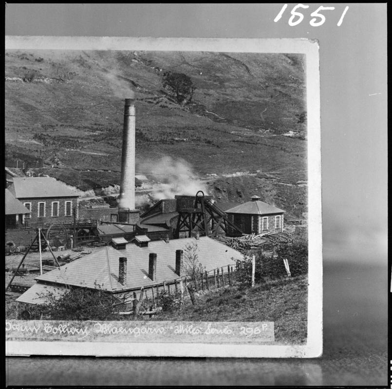 Black and white film negative of a photograph showing a general surface view of Ocean Colliery.  The bottom of the photograph reads 'Ocean Colliery, Blaengarw'.   'Garw' is transcribed from original negative bag.