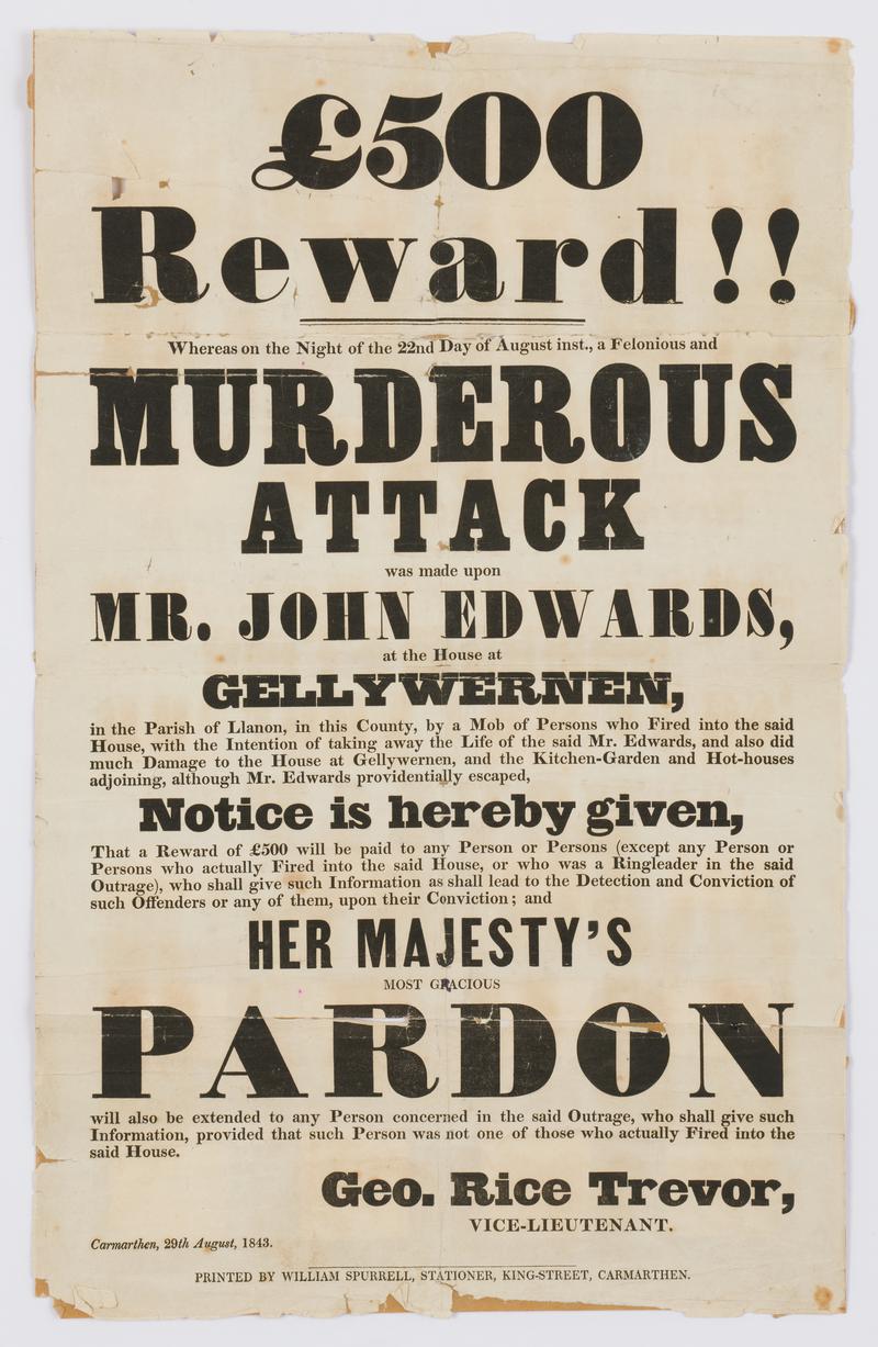 Reward poster for £500 for the capture of Rebecca's daughters