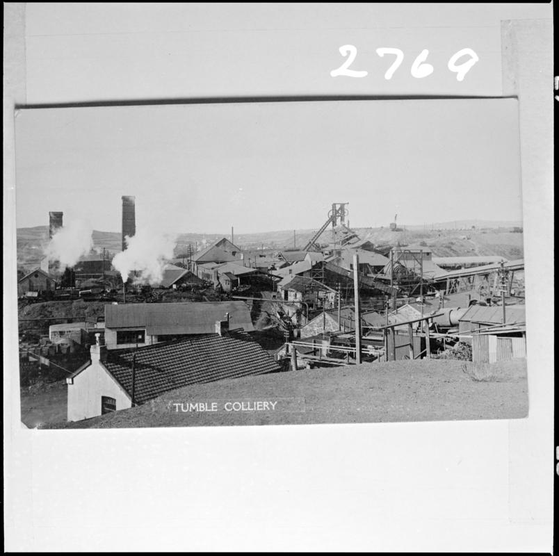 Black and white film negative of a photograph showing a surface view of the Great Mountain Colliery.  'Tumble, Great Mountain Colliery' is transcribed from original negative bag.