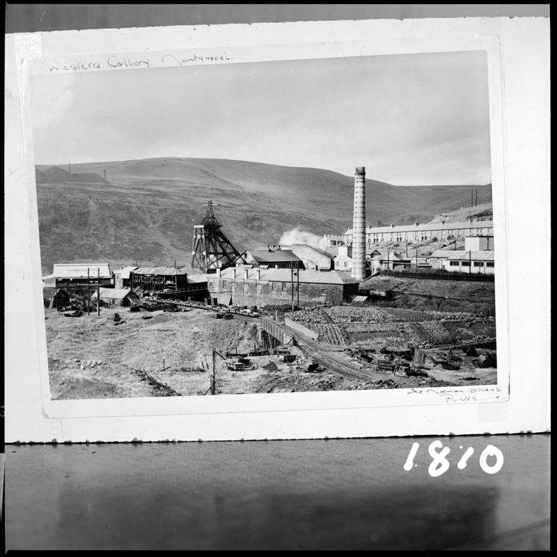 Black and white film negative of a photograph showing a surface view of Wyndham Western Colliery, c.1920.  'Western Colliery c.1920' is transcribed from original negative bag.