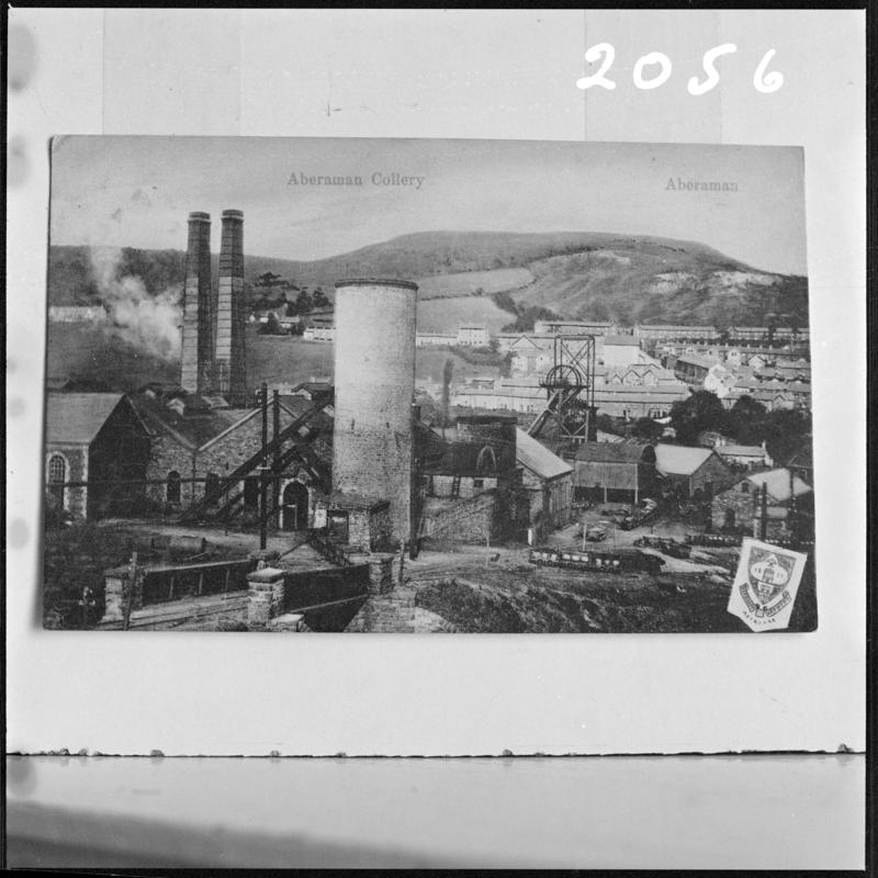 Black and white film negative showing a general surface view of Aberaman Colliery, photographed from a publication.  'Aberaman' is transcribed from original negative bag.