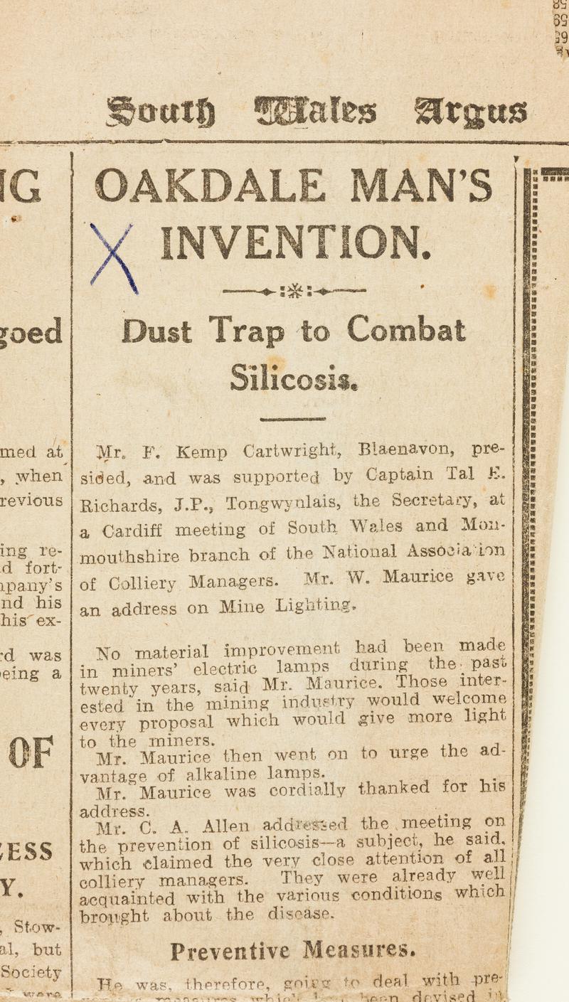 Newspaper cutting including the article 'Oakdale Man's Invention. Dust Trap to Combat Silicosis', South Wales Argus, December 22, 1930.