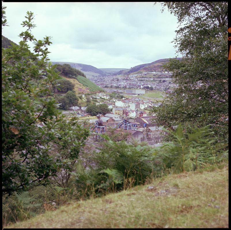 Colour film negative showing a view towards Six Bells Colliery.  'Six Bells' is transcribed from original negative bag.  Appears to be identical to 2009.3/1901.