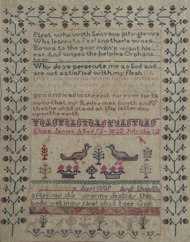 Sampler (verse & motifs), made in Newport, Pembrokeshire, 1822