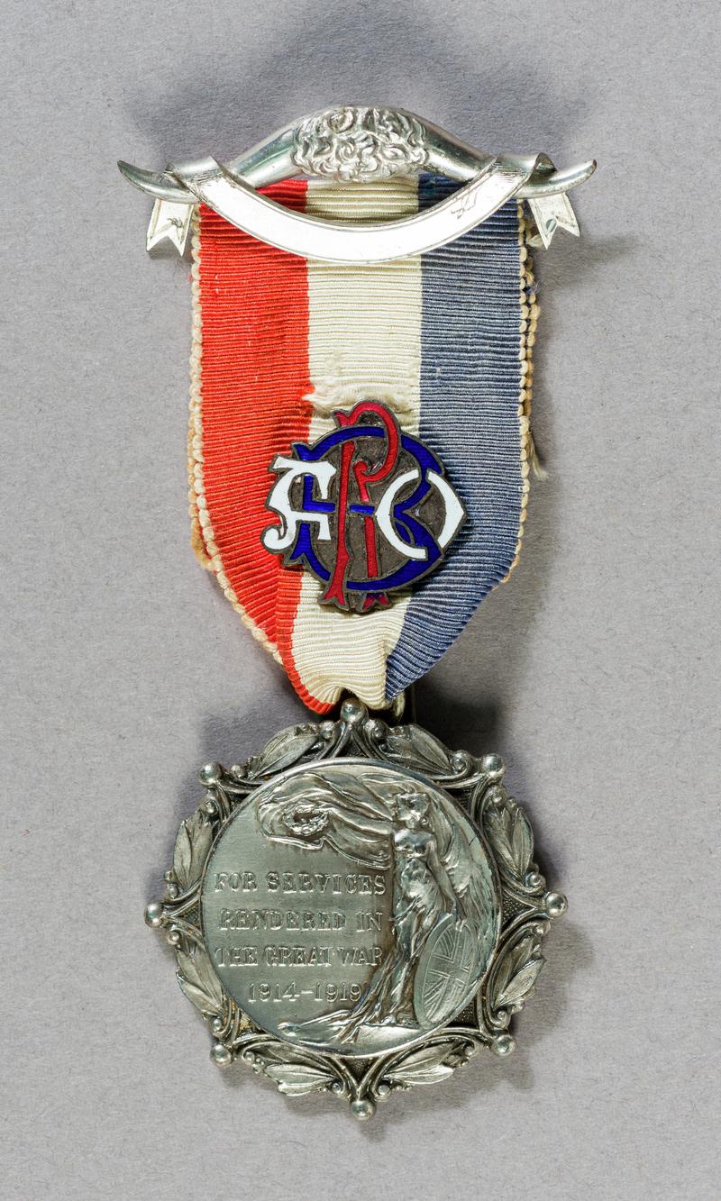 Medal awarded to E. Garner by the Royal Antediluvian Order of Buffaloes. Inscribed 'For Services Rendered in the Great War 1914 - 1919 / Presented to Bro. E. Garner by his brother members 1919.'. Obverse.