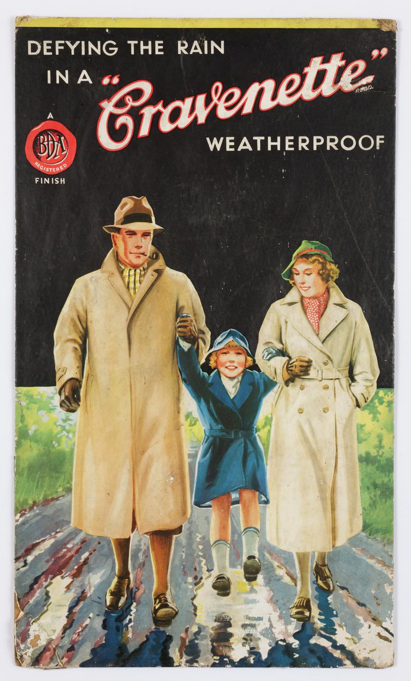 Cardboard advertisement for Cravenette raincoats, 1950s