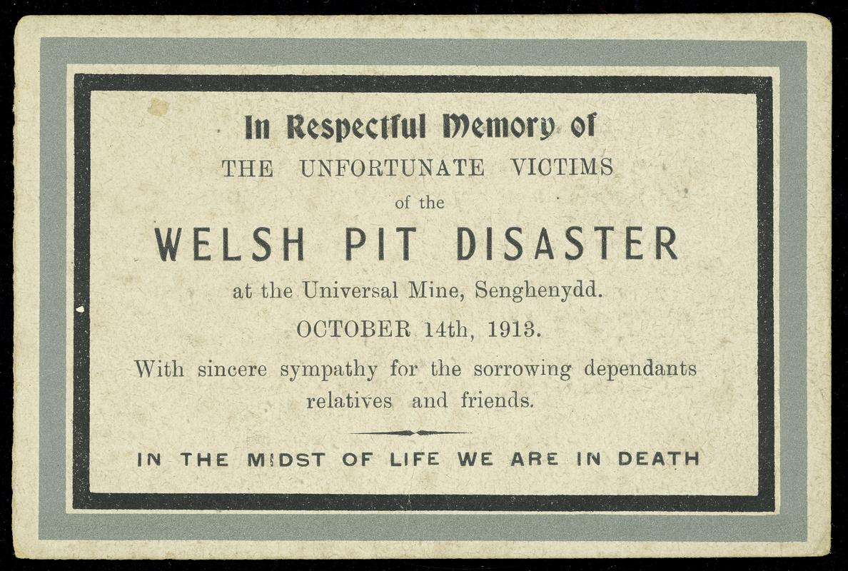 Universal Colliery, Senghenydd, memorial card front