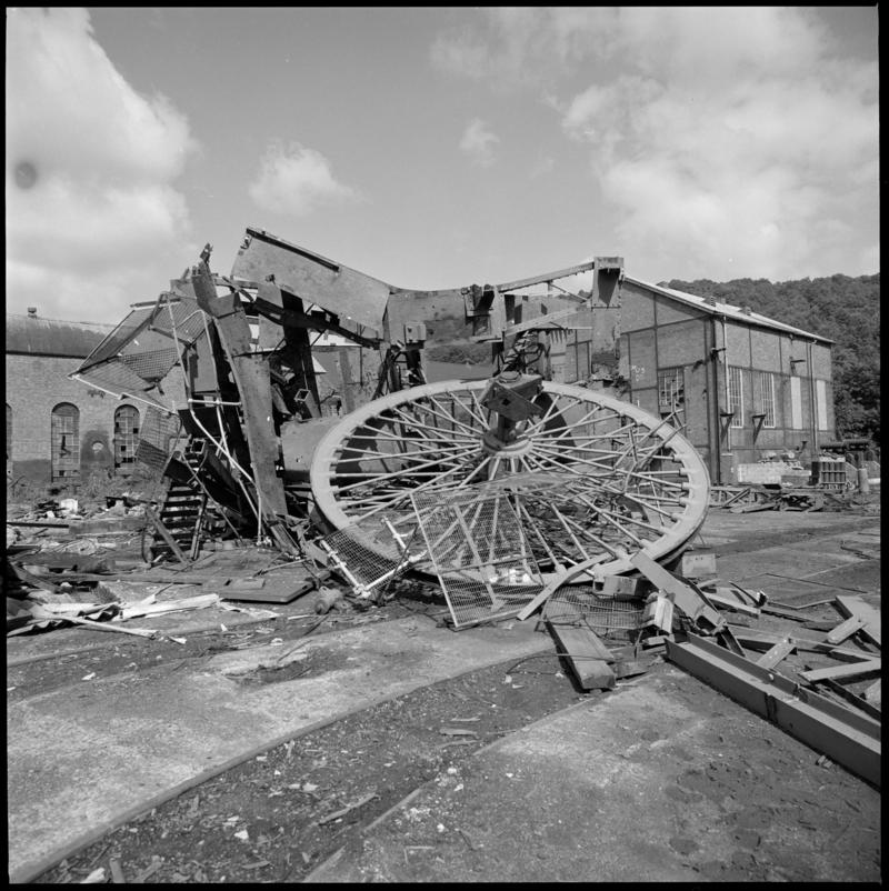 Black and white film negative of a photograph showing demolition at Celynen South Colliery, 1985.  'South Celynen' is transcribed from original negative bag.
