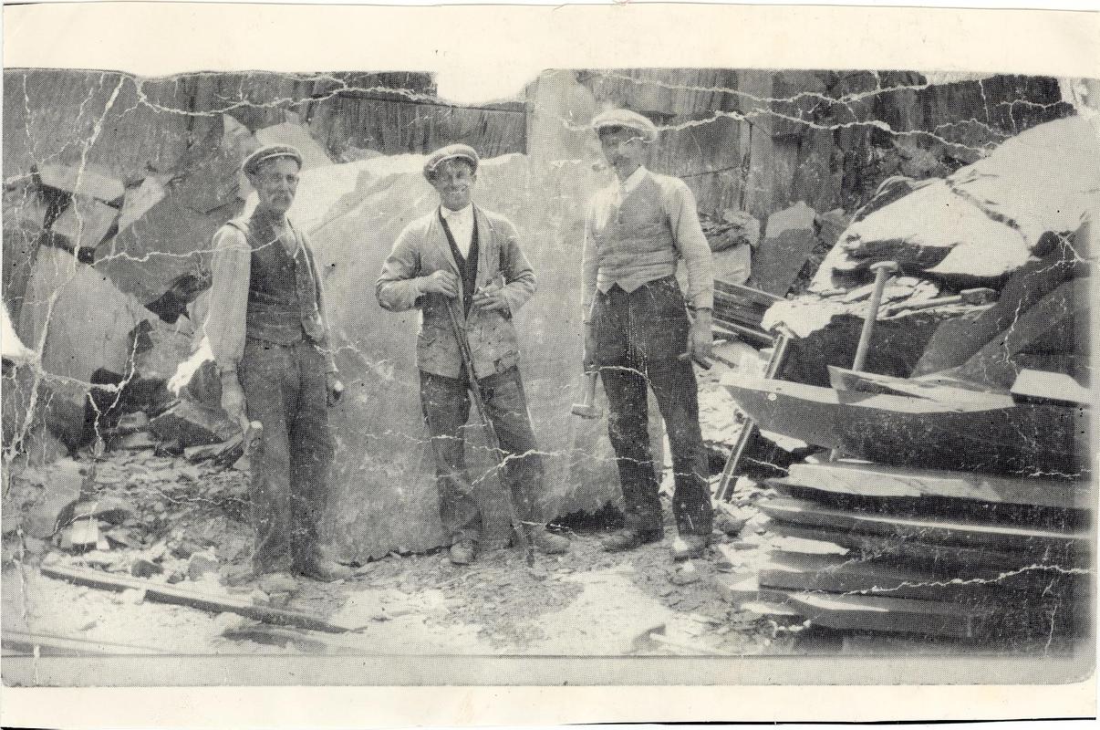 Three quarrymen at Dinorwig Quarry. Left to right: Ellis Jones; Robert Henry Jones; unknown.