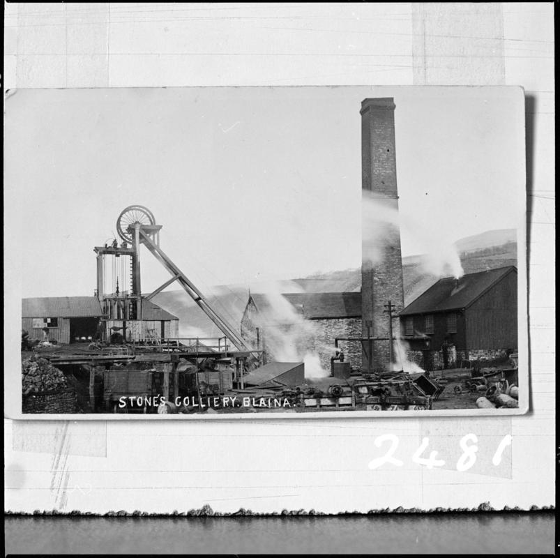 Black and white film negative of a photograph showing a surface view of North Blaina Colliery c.1900, also known as Stone's Colliery.  'Stone's Blaina c.1900' is transcribed from original negative bag.