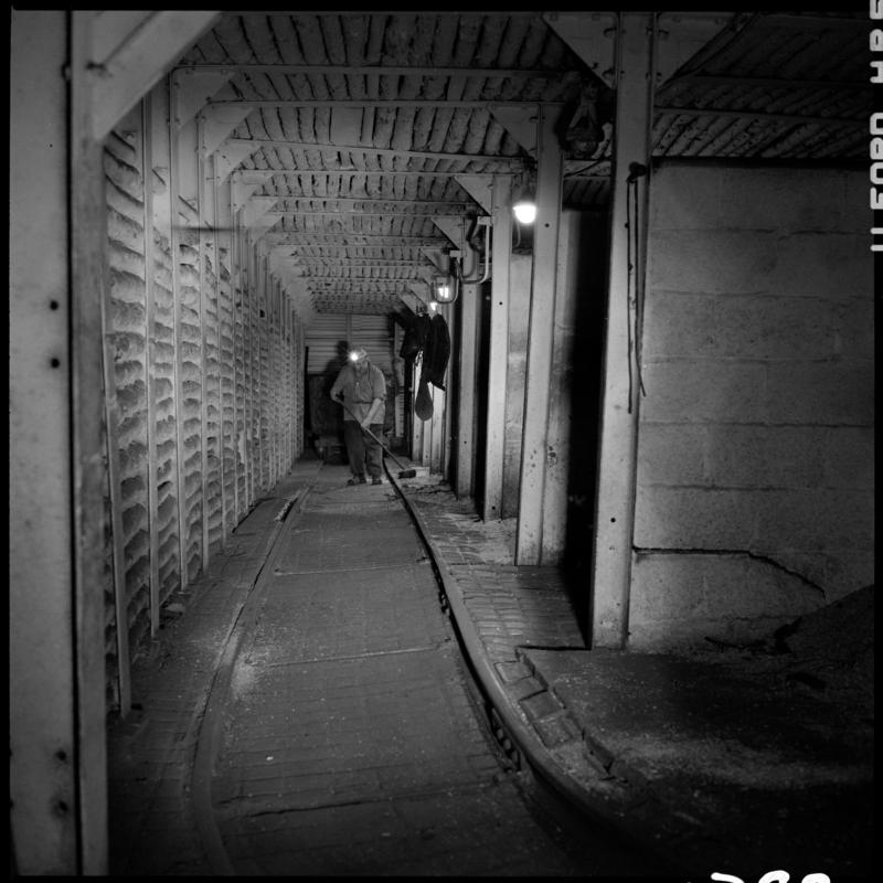 Black and white film negative showing the underground stables, Lady Windsor Colliery.