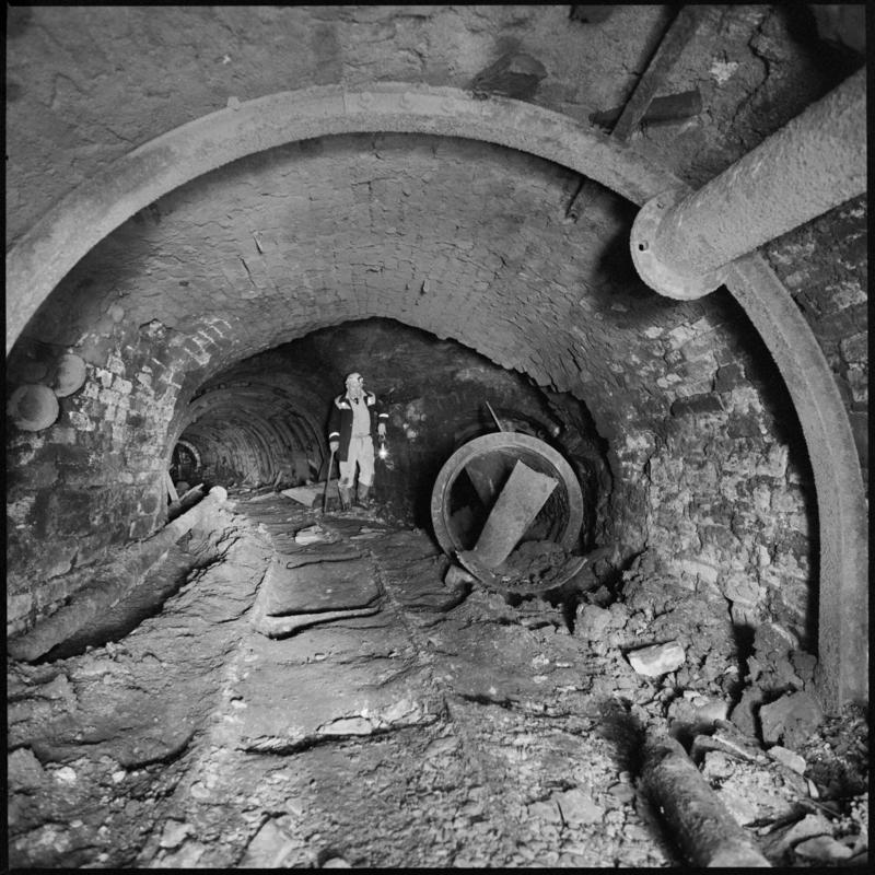 Black and white film negative showing an underground roadway, Big Pit Colliery.