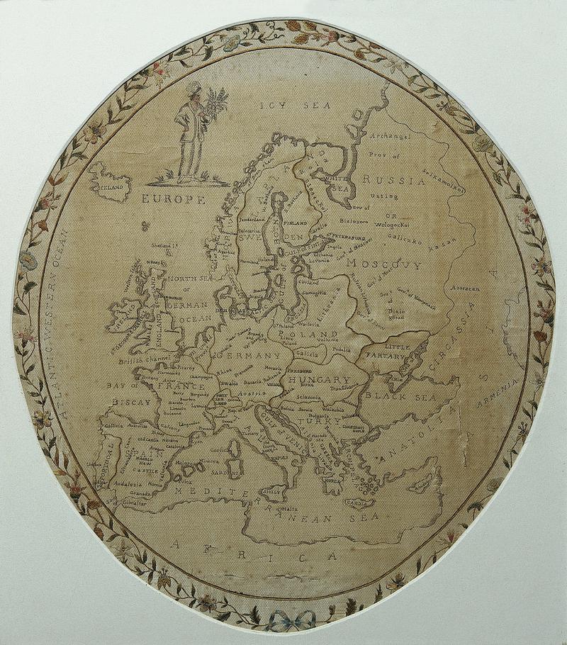 Sampler (map & pictorial), made in England c. 1790