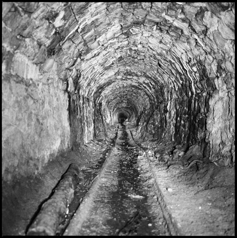 Black and white film negative showing the Engine Pit Level.  This level was one of the oldest surviving mines in the Blaenavon complex and was kept as an emergency exit until 1979.