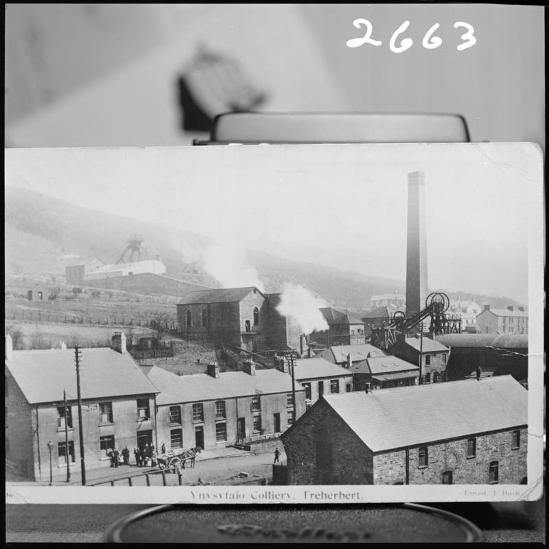 Black and white film negative of a photograph showing a surface view of Ynysfaio Colliery, Treherbert.  'Ynysfaio' is transcribed from original negative bag.