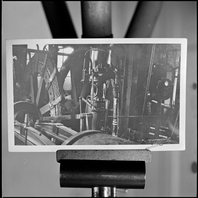 Black and white film negative of a photograph showing the winding engine at Big Pit in 1951.  'Big Pit winder 1951' is transcribed from original negative bag.