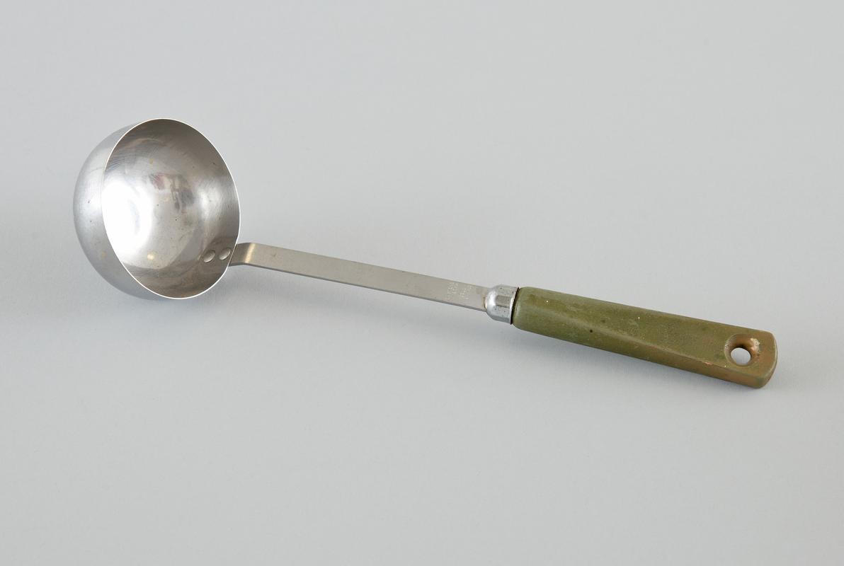 Stainless steel ladle with wood/plastic handle.