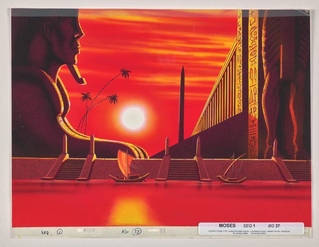 Background animation production artwork from episode Moses in series 'Testament: The Bible in Animation'. Sheet of cellulose acetate covering front.  Labelled with production company name.