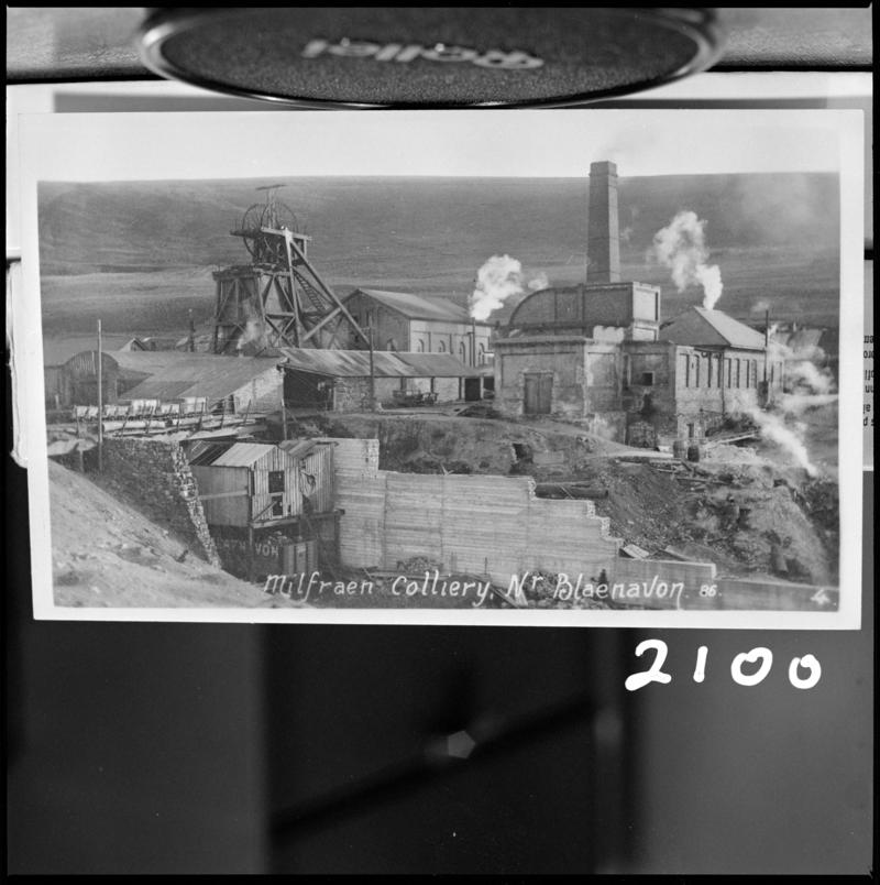 Black and white film negative of a photograph showing a general view of Milfaen Colliery, near Blaenavon.  'Milfraen' is transcribed from original negative bag.