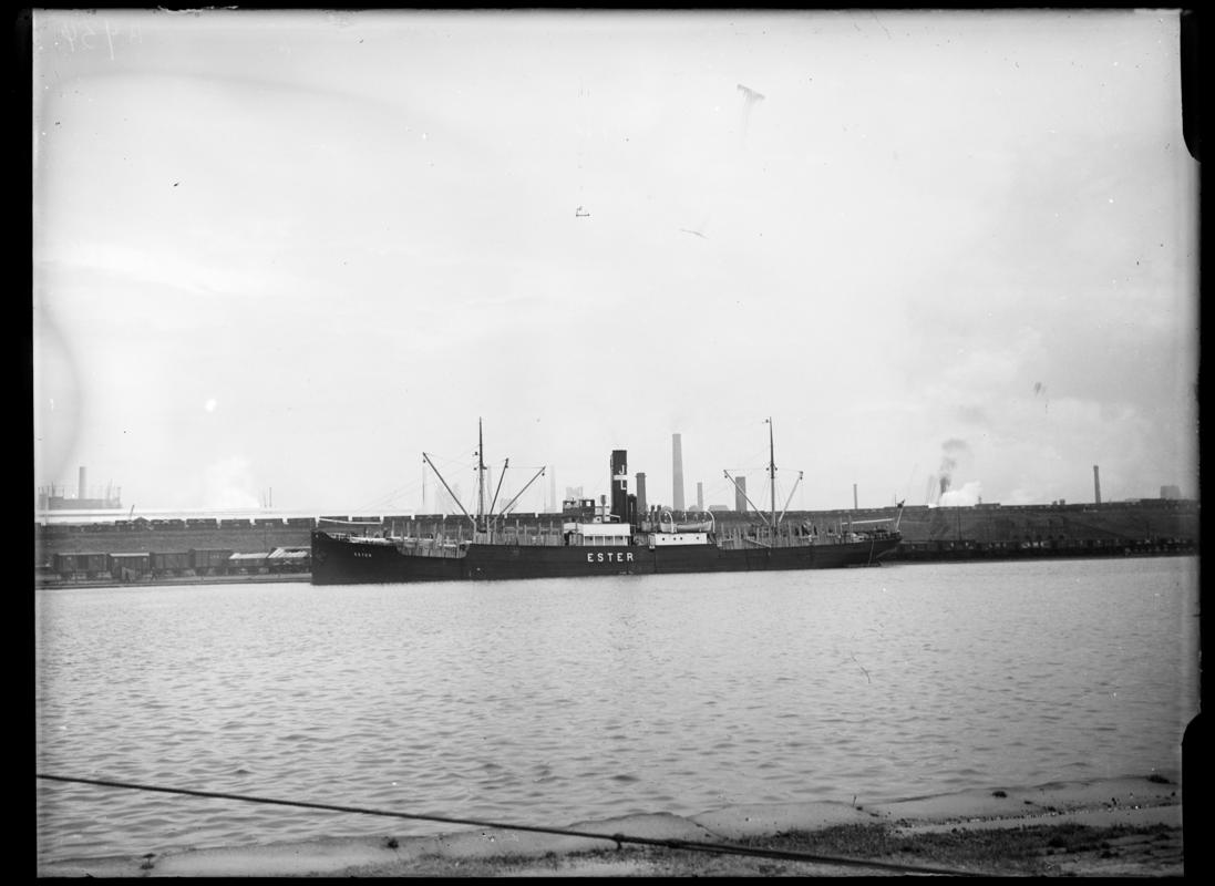 Port broadside view of S.S. ESTER at Cardiff Docks, c.1936.